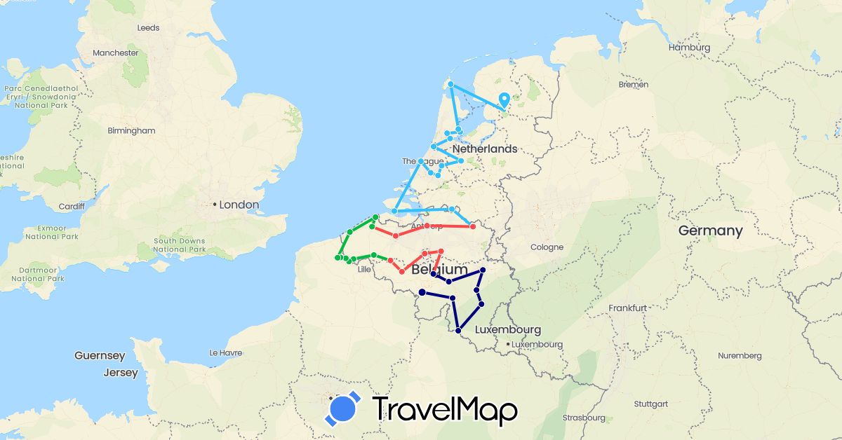 TravelMap itinerary: driving, bus, hiking, boat in Belgium, France, Netherlands (Europe)